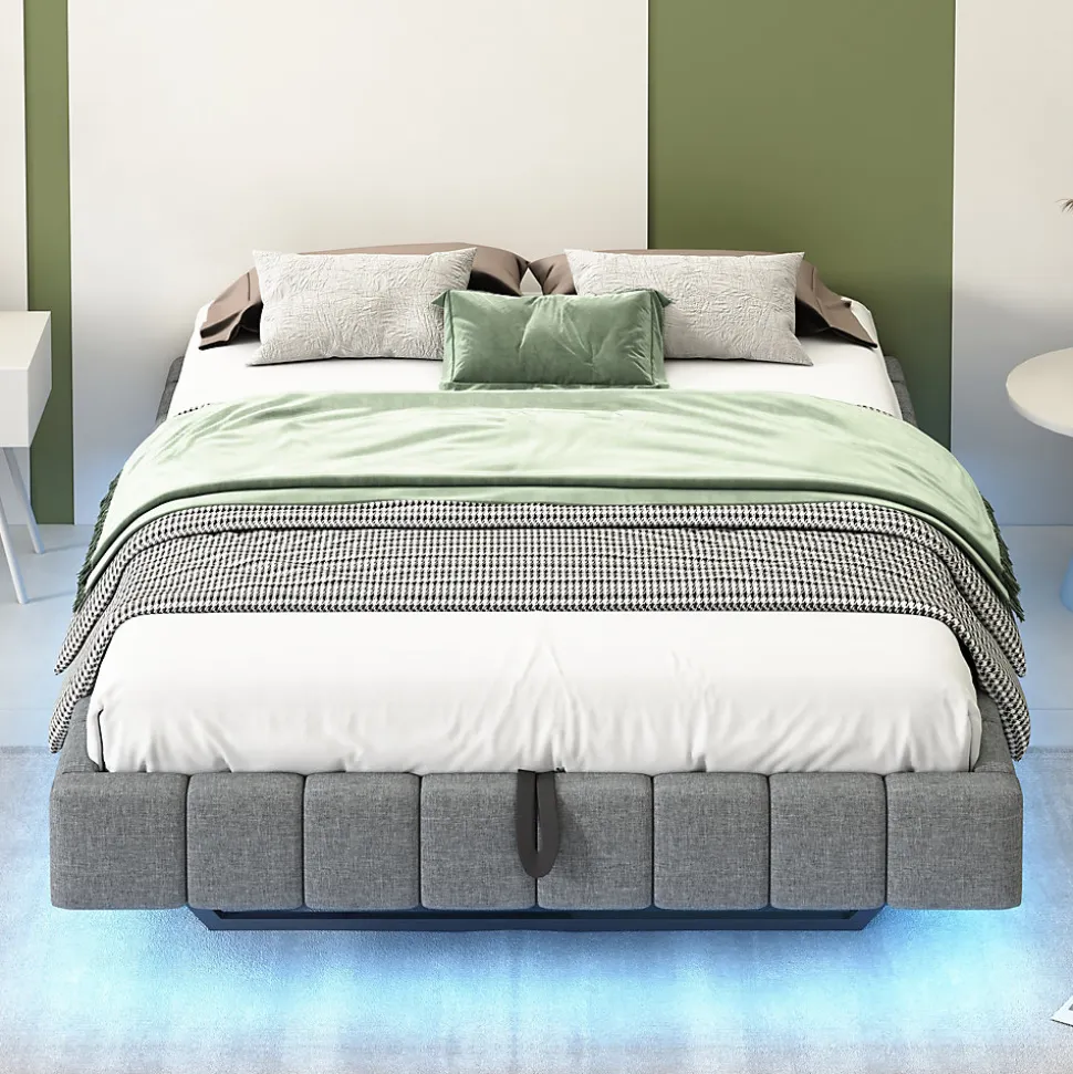 Lit Coffre 140x200 cm avec Sommier Relevable - Lit Double avec Rangement et Bande LED Intégrée - Tissu Gris - Sans Matelas