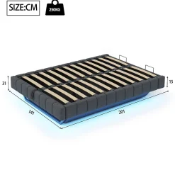 Lit Coffre 140x200 cm avec Sommier Relevable - Lit Double avec Rangement et Bande LED Intégrée - Tissu Gris - Sans Matelas