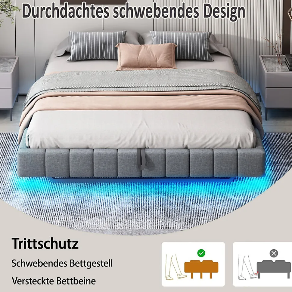 Lit Coffre 140x200 cm avec Sommier Relevable - Lit Double avec Rangement et Bande LED Intégrée - Tissu Gris - Sans Matelas
