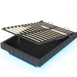 Lit Coffre 140x200 cm avec Sommier Relevable - Lit Double avec Rangement et Bande LED Intégrée - Tissu Gris - Sans Matelas