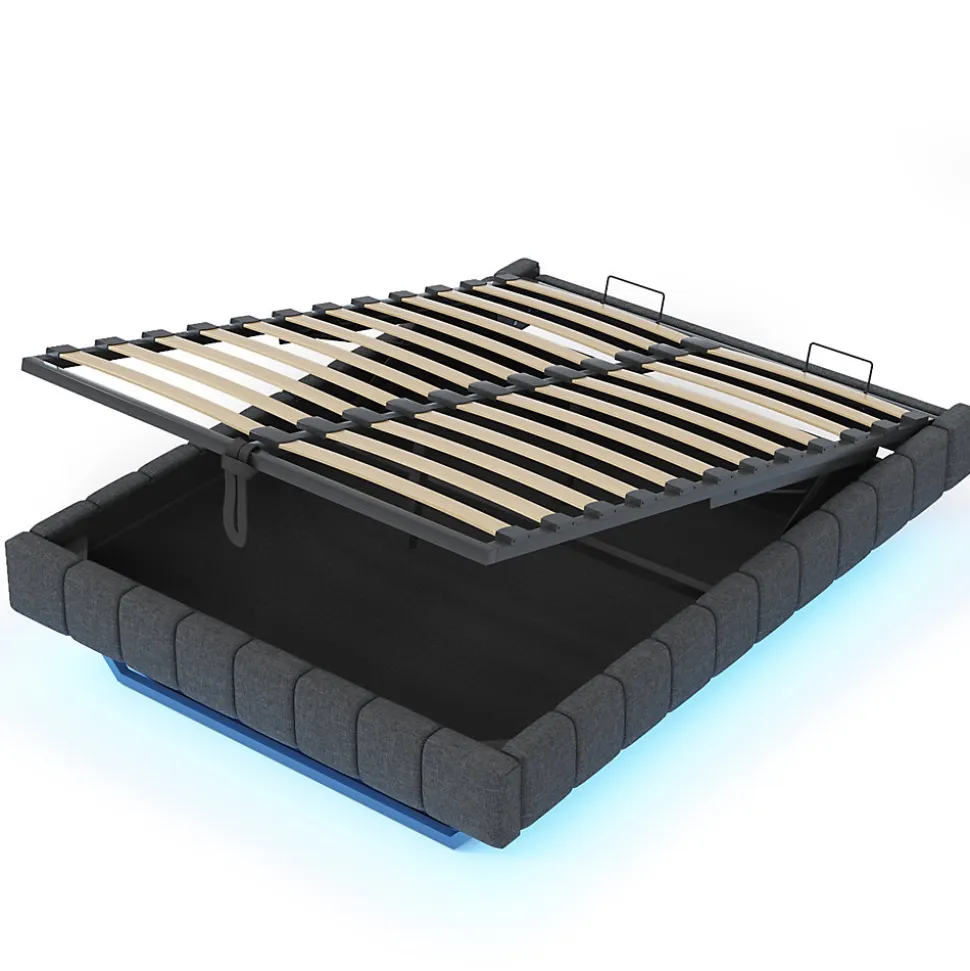 Lit Coffre 140x200 cm avec Sommier Relevable - Lit Double avec Rangement et Bande LED Intégrée - Tissu Gris - Sans Matelas
