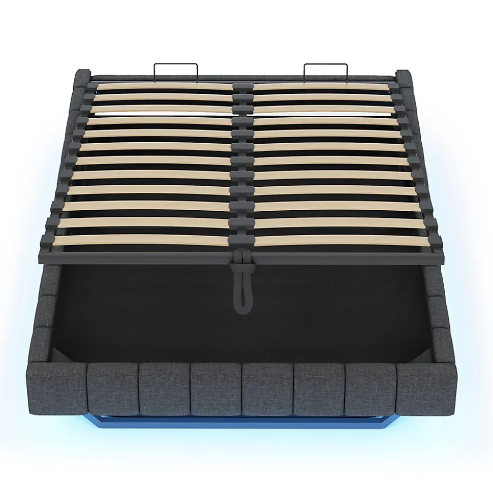 Lit Coffre 140x200 cm avec Sommier Relevable - Lit Double avec Rangement et Bande LED Intégrée - Tissu Gris - Sans Matelas