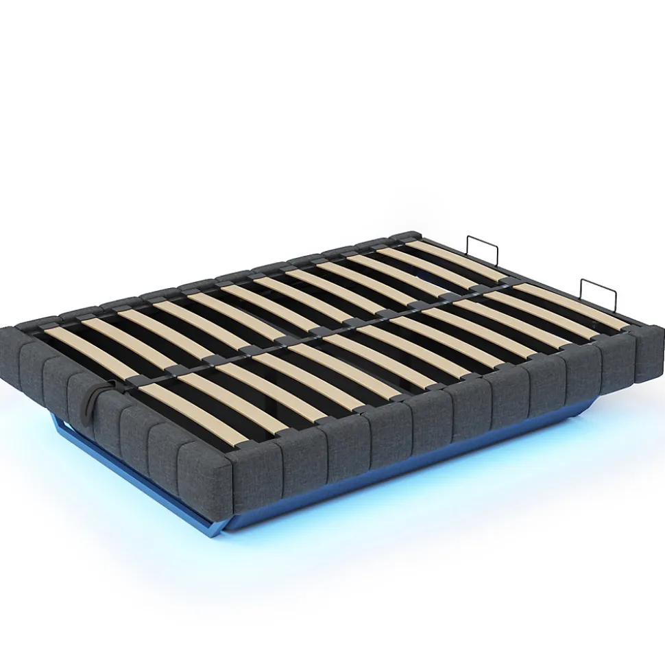 Lit Coffre 140x200 cm avec Sommier Relevable - Lit Double avec Rangement et Bande LED Intégrée - Tissu Gris - Sans Matelas