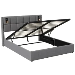 Lit coffre 160x200 cm avec sommier à lattes, lit rembourré avec port USB et Type-C, LED, velours, gris