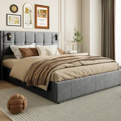 Lit coffre 160x200 cm avec sommier à lattes, lit rembourré avec port USB et Type-C, LED, velours, gris