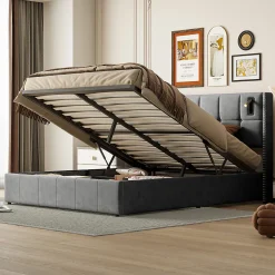 Lit coffre 160x200 cm avec sommier à lattes, lit rembourré avec port USB et Type-C, LED, velours, gris