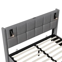 Lit coffre 160x200 cm avec sommier à lattes, lit rembourré avec port USB et Type-C, LED, velours, gris