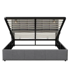 Lit coffre 160x200 cm avec sommier à lattes, lit rembourré avec port USB et Type-C, LED, velours, gris