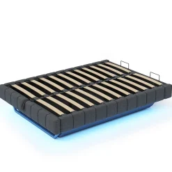 Lit Coffre 160x200 cm avec Sommier Relevable - Lit Double Tissu Gris avec Rangement et Bande LED Intégrée - Sans Matelas