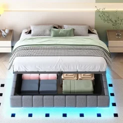 Lit Coffre 160x200 cm avec Sommier Relevable - Lit Double Tissu Gris avec Rangement et Bande LED Intégrée - Sans Matelas