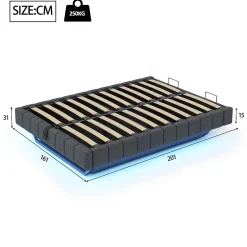 Lit Coffre 160x200 cm avec Sommier Relevable - Lit Double Tissu Gris avec Rangement et Bande LED Intégrée - Sans Matelas