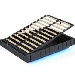 Lit Coffre 160x200 cm avec Sommier Relevable - Lit Double Tissu Gris avec Rangement et Bande LED Intégrée - Sans Matelas