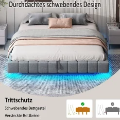 Lit Coffre 160x200 cm avec Sommier Relevable - Lit Double Tissu Gris avec Rangement et Bande LED Intégrée - Sans Matelas