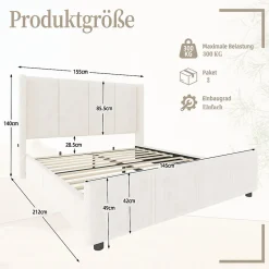 Lit coffre 140x200 cm avec tête de lit trapézoïdale, lit double éclairage LED, ports USB, 2 tiroirs, hauteur réglable, Beige