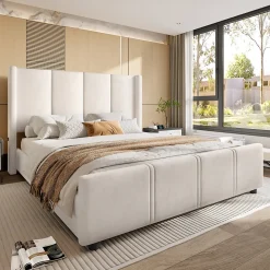 Lit coffre 140x200 cm avec tête de lit trapézoïdale, lit double éclairage LED, ports USB, 2 tiroirs, hauteur réglable, Beige