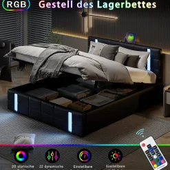 Lit Coffre 160x200 cm avec USB et Type-C,LED,Lit Capitonné avec Rangement,hydraulique lit, PU