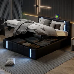 Lit Coffre 160x200 cm avec USB et Type-C,LED,Lit Capitonné avec Rangement,hydraulique lit, PU