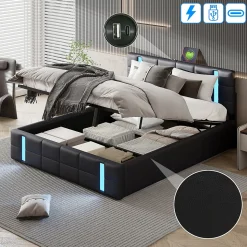 Lit Coffre 160x200 cm avec USB et Type-C,LED,Lit Capitonné avec Rangement,hydraulique lit, PU