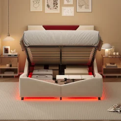 Lit coffre 140x200 cm beige avec tête triangulaire bordeaux, rangement à ouverture assistée par vérin, design moderne et pratique