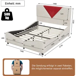 Lit coffre 140x200 cm beige avec tête triangulaire bordeaux, rangement à ouverture assistée par vérin, design moderne et pratique