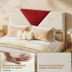 Lit coffre 140x200 cm beige avec tête triangulaire bordeaux, rangement à ouverture assistée par vérin, design moderne et pratique