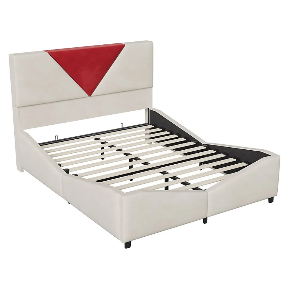 Lit coffre 140x200 cm beige avec tête triangulaire bordeaux, rangement à ouverture assistée par vérin, design moderne et pratique