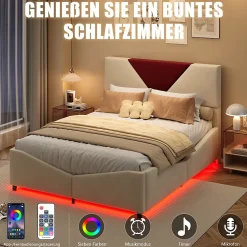 Lit coffre 140x190 cm beige avec tête triangulaire bordeaux, rangement à ouverture assistée par vérin, design moderne et pratique