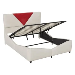 Lit coffre 140x190 cm beige avec tête triangulaire bordeaux, rangement à ouverture assistée par vérin, design moderne et pratique
