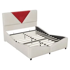Lit coffre 140x190 cm beige avec tête triangulaire bordeaux, rangement à ouverture assistée par vérin, design moderne et pratique