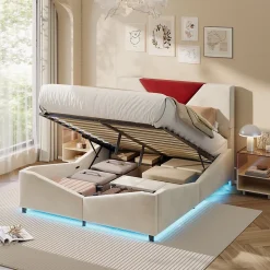 Lit coffre 140x190 cm beige avec tête triangulaire bordeaux, rangement à ouverture assistée par vérin, design moderne et pratique