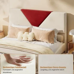 Lit coffre 140x190 cm beige avec tête triangulaire bordeaux, rangement à ouverture assistée par vérin, design moderne et pratique