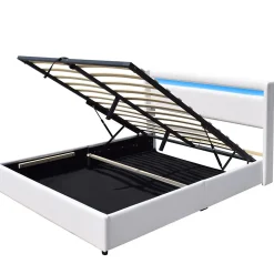 Lit coffre 120x190 cm blanc - tête de lit LED - 12 lattes - montage rapide - design moderne -