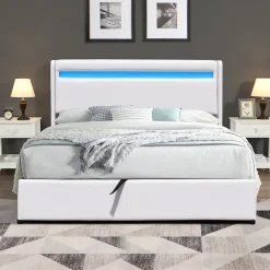 Lit coffre 120x190 cm blanc - tête de lit LED - 12 lattes - montage rapide - design moderne -