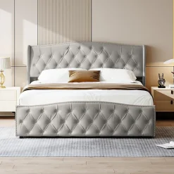 Lit Coffre 160x200 Cm, Cadre De Lit Avec Tête De Lit Et Sommier à Lattes, Velours, Gris