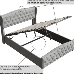 Lit Coffre 160x200 Cm, Cadre De Lit Avec Tête De Lit Et Sommier à Lattes, Velours, Gris