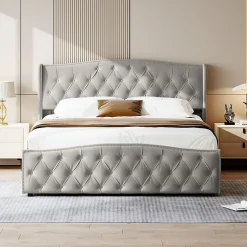 Lit Coffre 160x200 Cm, Cadre De Lit Avec Tête De Lit Et Sommier à Lattes, Velours, Gris