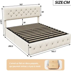 Lit Coffre 160x200 Cm, Cadre De Lit Avec Tête De Lit Et Sommier à Lattes, Velours, Beige