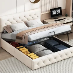 Lit Coffre 160x200 Cm, Cadre De Lit Avec Tête De Lit Et Sommier à Lattes, Velours, Beige