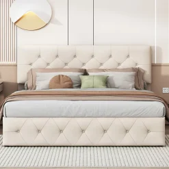 Lit Coffre 160x200 Cm, Cadre De Lit Avec Tête De Lit Et Sommier à Lattes, Velours, Beige