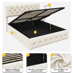 Lit Coffre 160x200 Cm, Cadre De Lit Avec Tête De Lit Et Sommier à Lattes, Velours, Beige