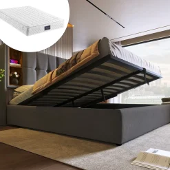 Lit coffre 140x200 cm capitonné avec rangement intégré, charge sans fil et USB-C - sommier et matelas inclus - tissu coton gris