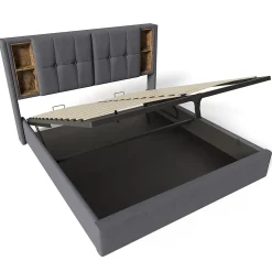 Lit coffre 140x200 cm capitonné avec rangement intégré, charge sans fil et USB-C - sommier et matelas inclus - tissu coton gris