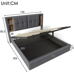 Lit coffre 140x200 cm capitonné avec rangement intégré, charge sans fil et USB-C - sommier et matelas inclus - tissu coton gris
