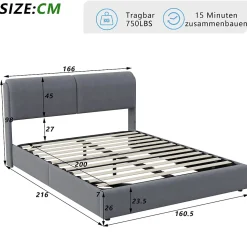 Lit coffre 160x200 cm, capitonné, rangement, sommier à lattes, tête de lit, velours beige (2 personnes).
