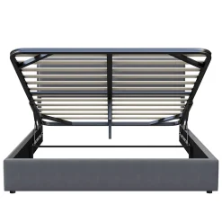 Lit coffre 160x200 cm, capitonné, rangement, sommier à lattes, tête de lit, velours beige (2 personnes).