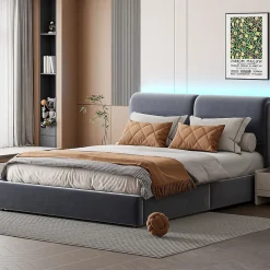 Lit coffre 160x200 cm, capitonné, rangement, sommier à lattes, tête de lit, velours beige (2 personnes).