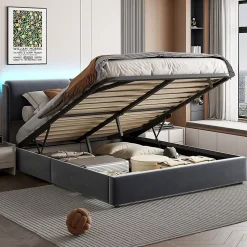 Lit coffre 160x200 cm, capitonné, rangement, sommier à lattes, tête de lit, velours beige (2 personnes).