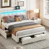 Lit coffre 160x200 cm, capitonné lin, lit double avec 4 tiroirs, LED, USB & Type-C, sommier à lattes et tête de lit, Beige