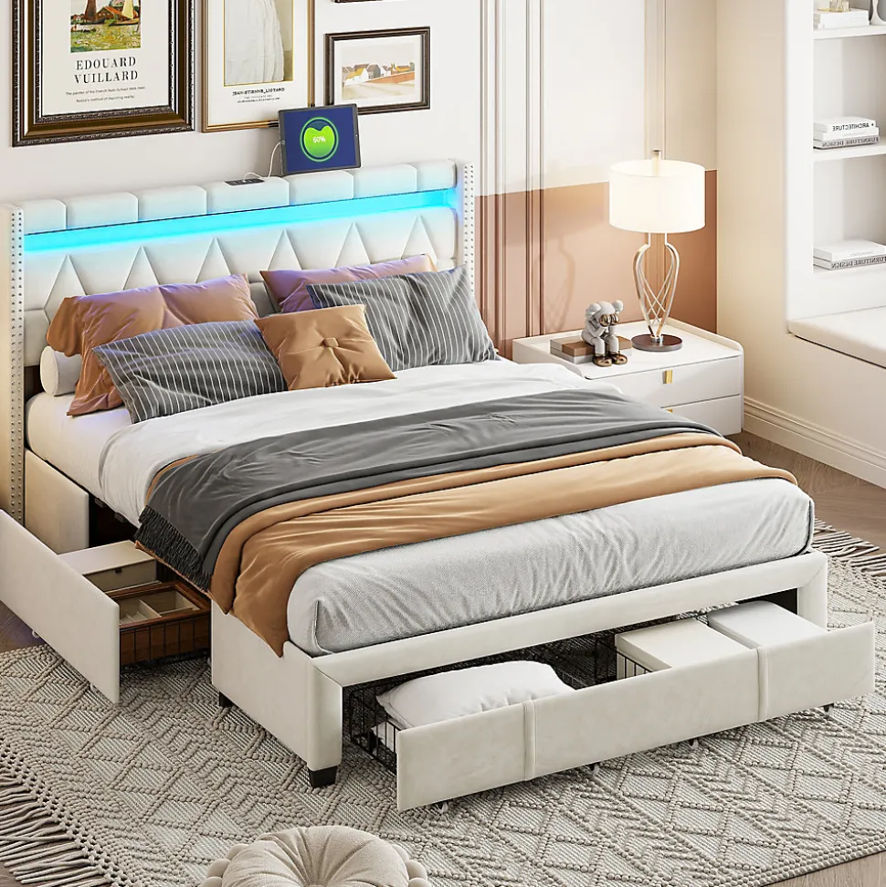 Lit coffre 160x200 cm, capitonné lin, lit double avec 4 tiroirs, LED, USB & Type-C, sommier à lattes et tête de lit, Beige