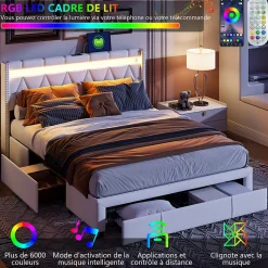 Lit coffre 160x200 cm, capitonné lin, lit double avec 4 tiroirs, LED, USB & Type-C, sommier à lattes et tête de lit, Beige